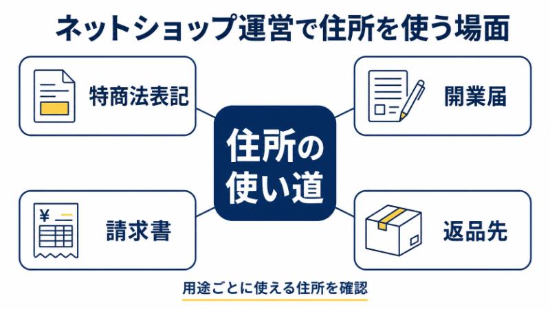 開業届・請求書・ショップ表記で住所の使い道を分けるを説明している図解