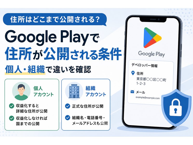 Google Playで住所が公開される条件を個人・組織アカウント別に示した画像