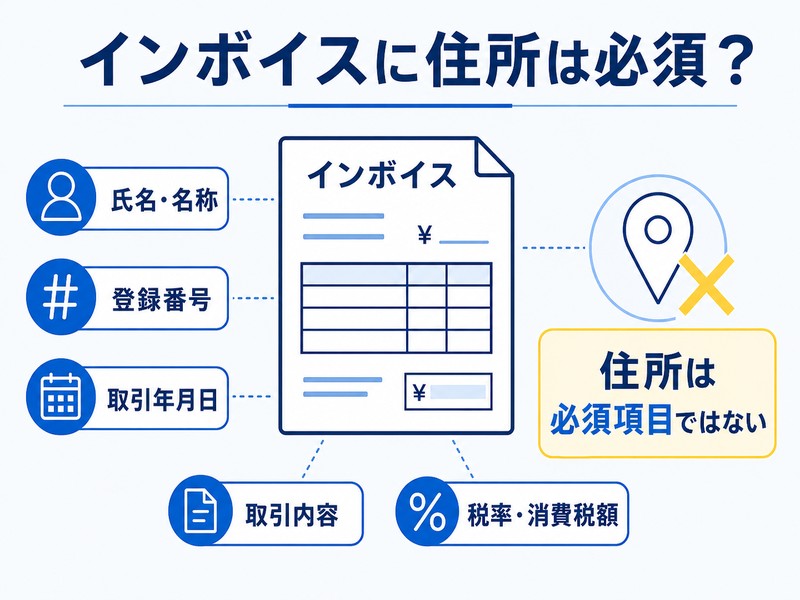 インボイスの必須記載事項と、住所が必須項目ではないことを示す図解。氏名・名称、登録番号、取引年月日、取引内容、税率・消費税額を請求書の周囲に配置。