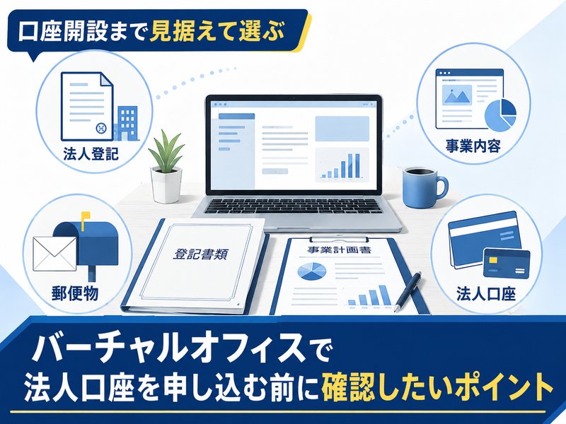 バーチャルオフィスで法人口座を申し込む前に確認したいポイントを示した図