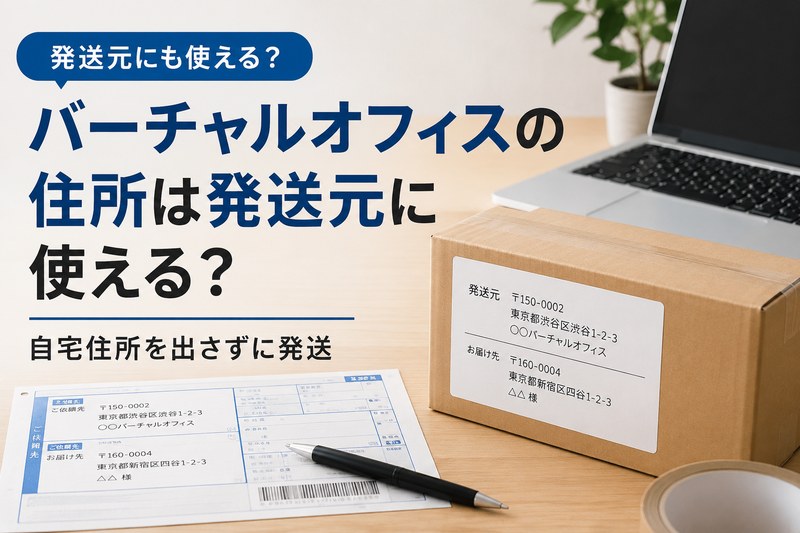 バーチャルオフィスの住所を発送元に使えるかを示す発送伝票と荷物のイメージ