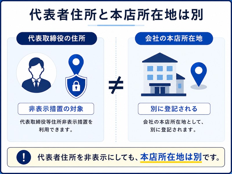 代表取締役の住所と会社の本店所在地が別の登記事項であることを、人物と会社の住所アイコンを左右比較して示した図解