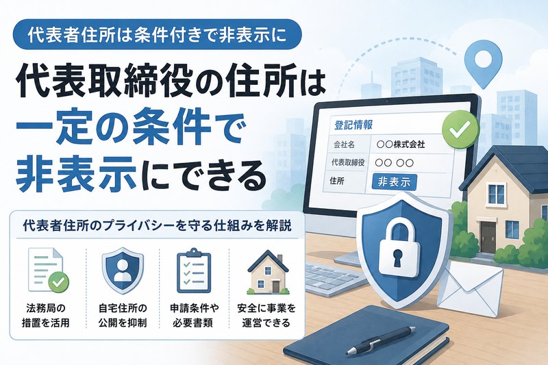 代表取締役の住所を一定の条件で非表示にできる制度を、登記情報の画面、盾と鍵、自宅のイラストで示したサムネイル