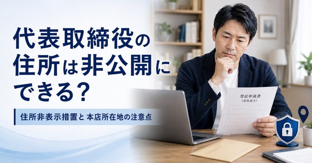 代表取締役の住所非表示措置と本店所在地の注意点を、登記申請書を確認する男性と鍵付きの盾で表したアイキャッチ画像