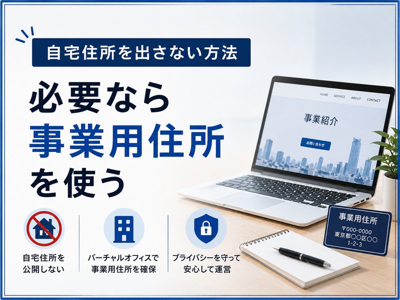 自宅住所をホームページに載せたくない個人事業主向けの住所対策を示すH2サムネイル