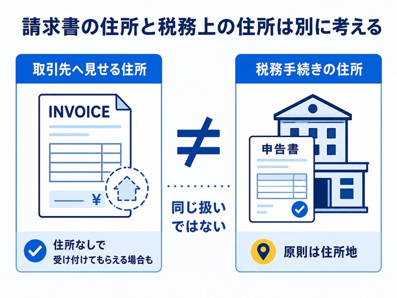 請求書に記載する住所と税務手続きで使う住所は同じ扱いではないことを示す図解。左に請求書、右に申告書と税務署の建物を配置。
