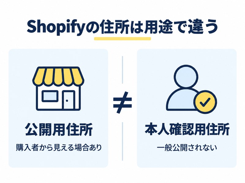 Shopifyの公開用住所と本人確認用住所の違いを示した図解