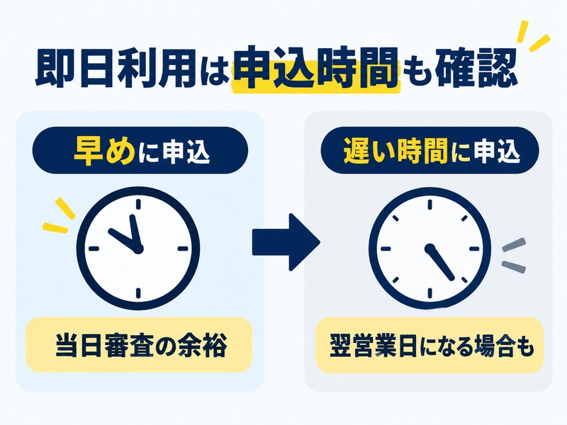 早めの申し込みと遅い時間の申し込みを比較し、即日利用には申込時間の確認が重要だと示した図解