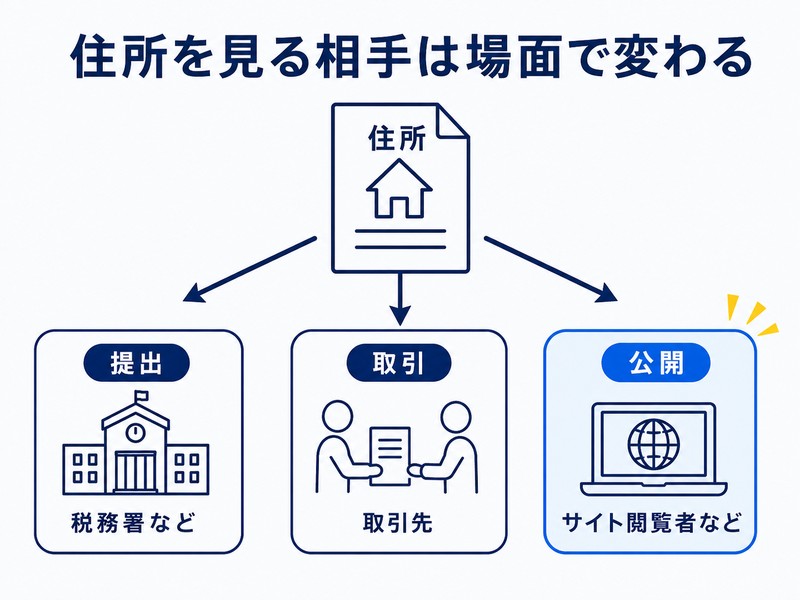住所の提出先・取引先・一般公開先の違いを示す図解