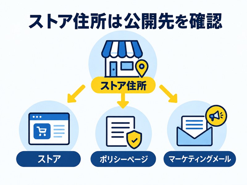 Shopifyのストア住所が表示される主な場所を示した図解