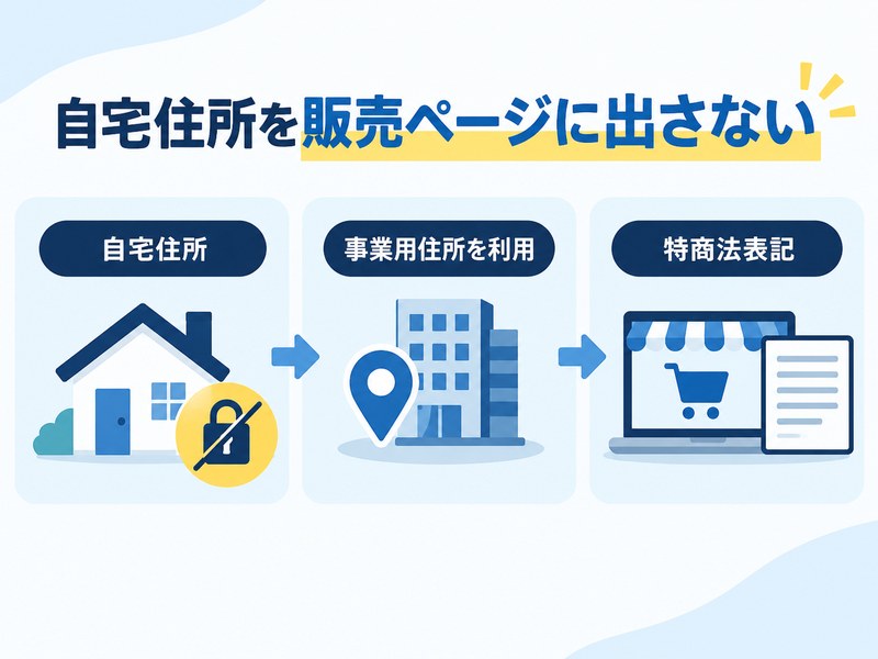 自宅住所を販売ページに出さず、事業用住所を特商法表記に使う流れの図解