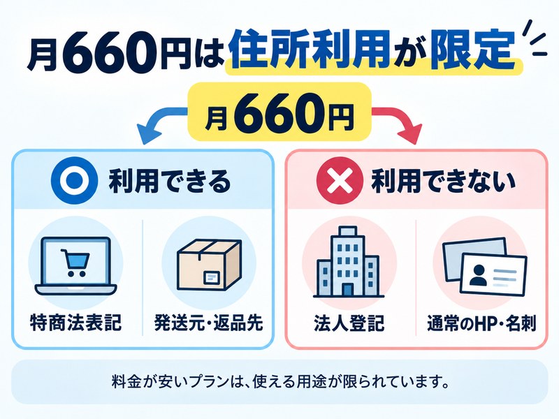 DMMバーチャルオフィスの月額660円プランで利用できる用途と利用できない用途の図解