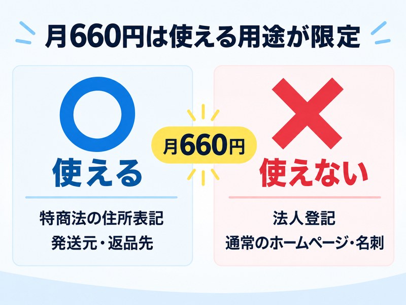 DMMバーチャルオフィスのミニマムプランで使える住所用途と使えない用途を比較した図解