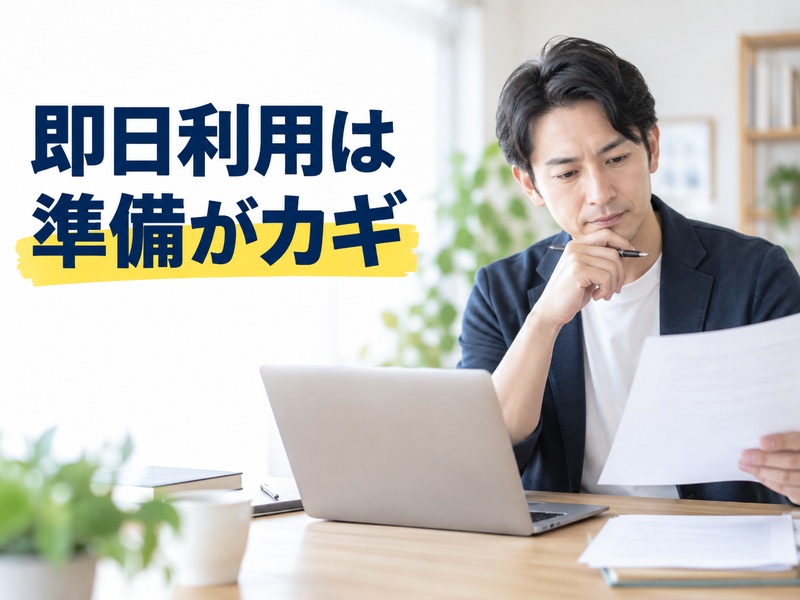 書類を確認する男性と「即日利用は準備がカギ」の文字が入ったバーチャルオフィス記事のサムネイル