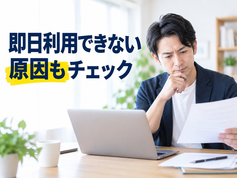 書類を確認する男性と「即日利用できない原因もチェック」の文字が入ったバーチャルオフィス記事のサムネイル
