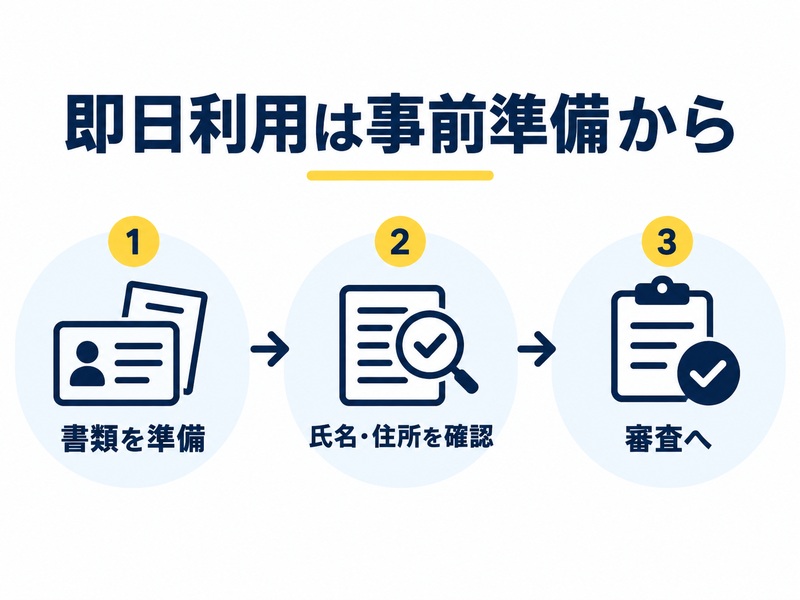 即日利用に向けて書類準備、氏名・住所確認、審査へ進む流れを示した3ステップ図解
