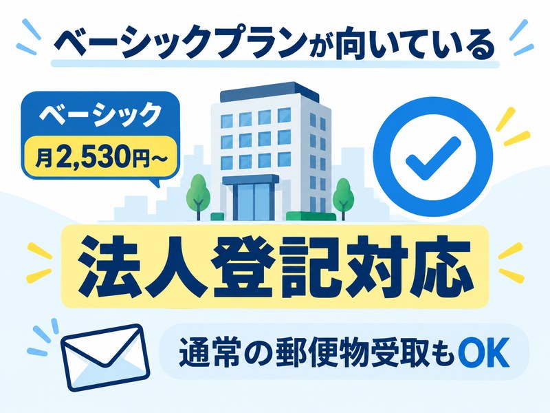DMMバーチャルオフィスのベーシックプランが法人登記と通常の郵便物受取に対応していることを強調した図解サムネイル