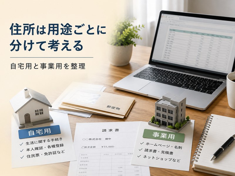 自宅住所と事業用住所を用途ごとに分けて考えるイメージ