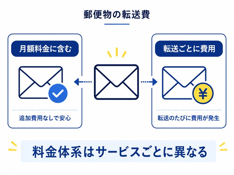 郵便物の転送費が月額料金に含まれる場合と転送ごとに費用がかかる場合を比較した図解